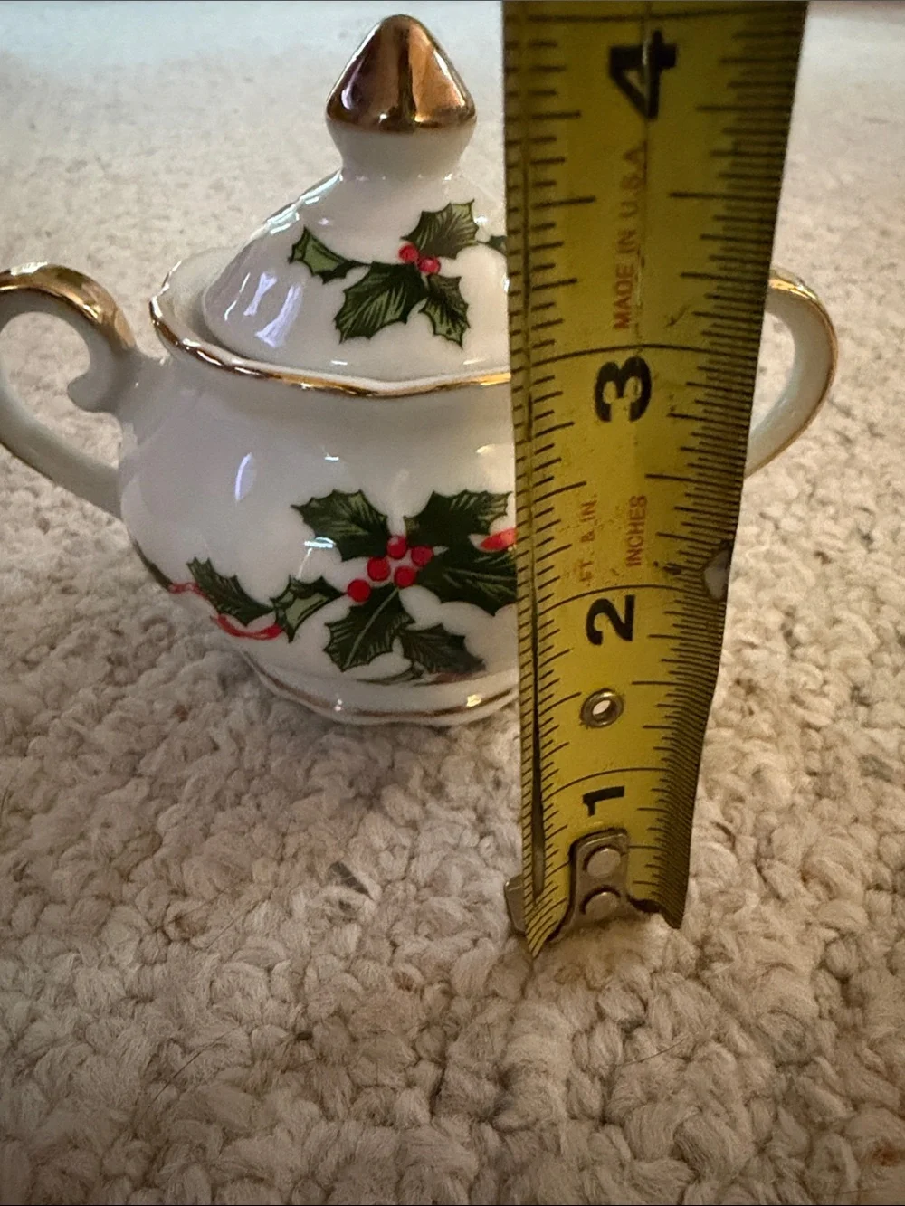 Holiday Holly Sugar Bowl with Gold Trim - White and Red